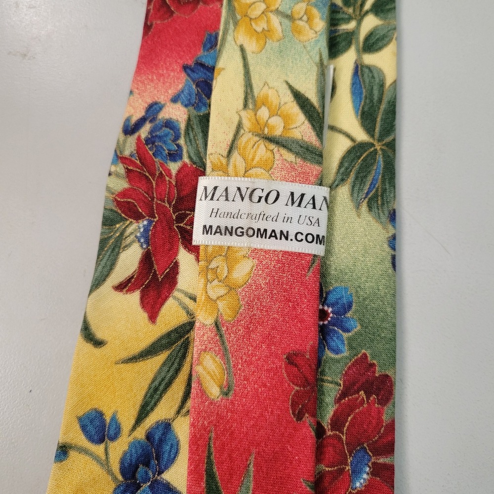 Mango Man Mens Floral Necktie Red Blue Yellow Botanical 100% Cotton Made in USA - Picture 2 of 5